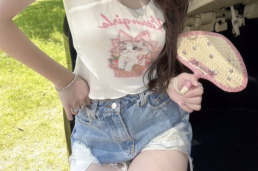 Print Neck Short-Sleeve Cartoon Lettering Square Tee