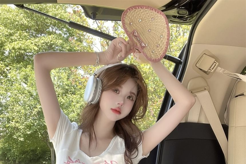 Print Neck Short-Sleeve Cartoon Lettering Square Tee