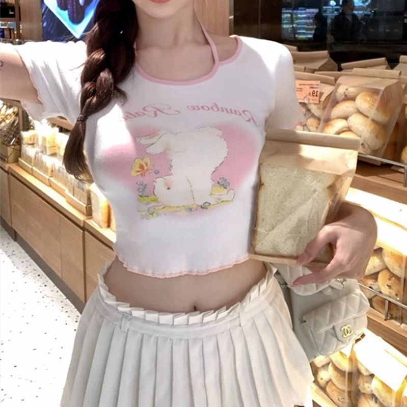 T-Shirt Halter Cartoon Print Lettering Short-Sleeve