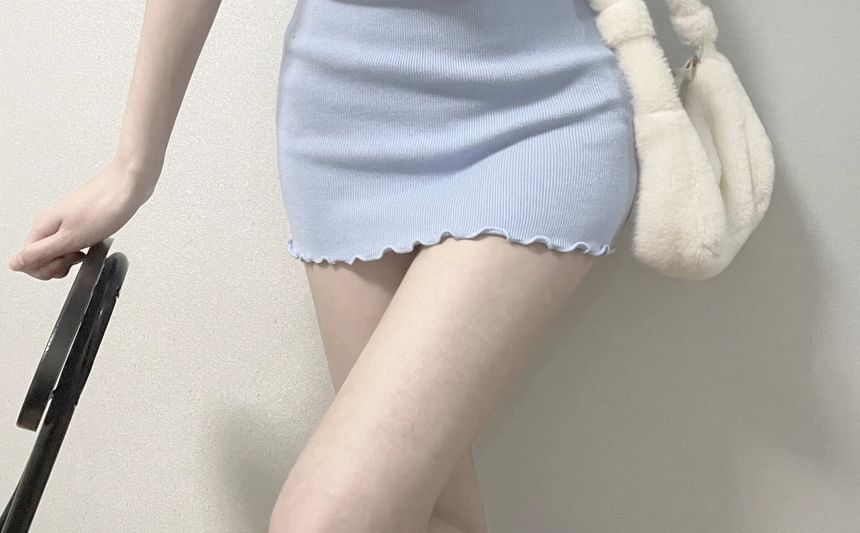 Plain Notch Edge Lettuce Mini Sheath Short-Sleeve Neck Dress