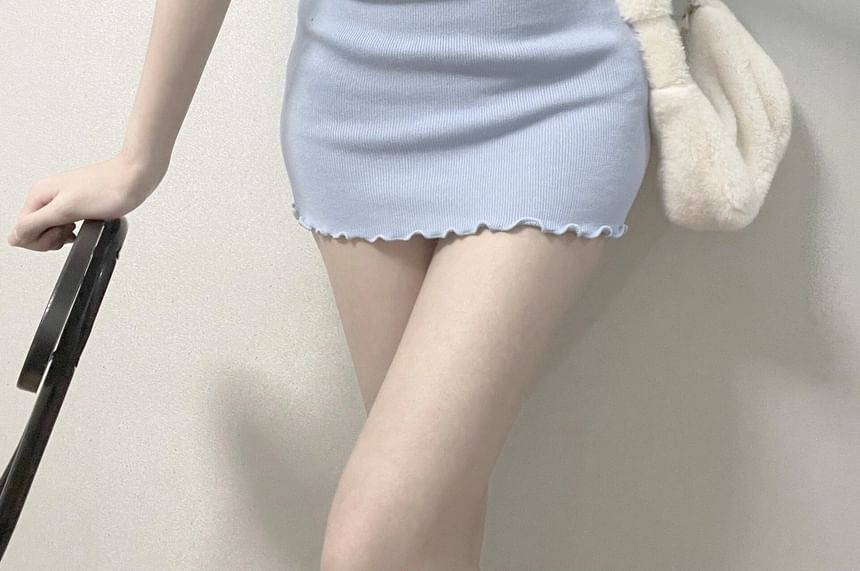 Plain Notch Edge Lettuce Mini Sheath Short-Sleeve Neck Dress