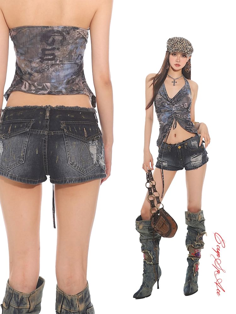 Mid Rise Washed Distressed Denim Shorts