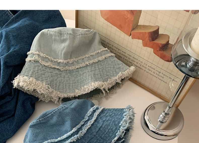 Distressed Fringed Bucket Hat Denim