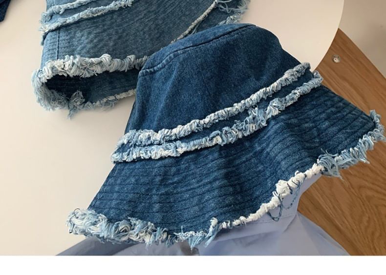 Distressed Fringed Bucket Hat Denim