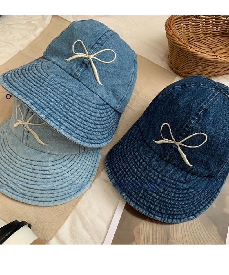 Bow Embroidered Cap Denim Baseball
