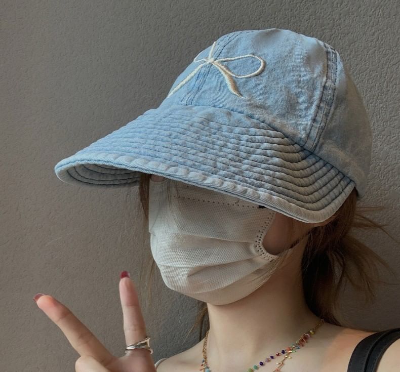 Bow Embroidered Cap Denim Baseball