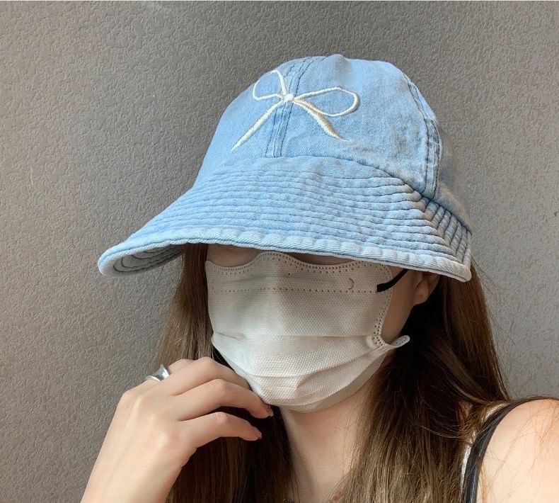 Bow Embroidered Cap Denim Baseball