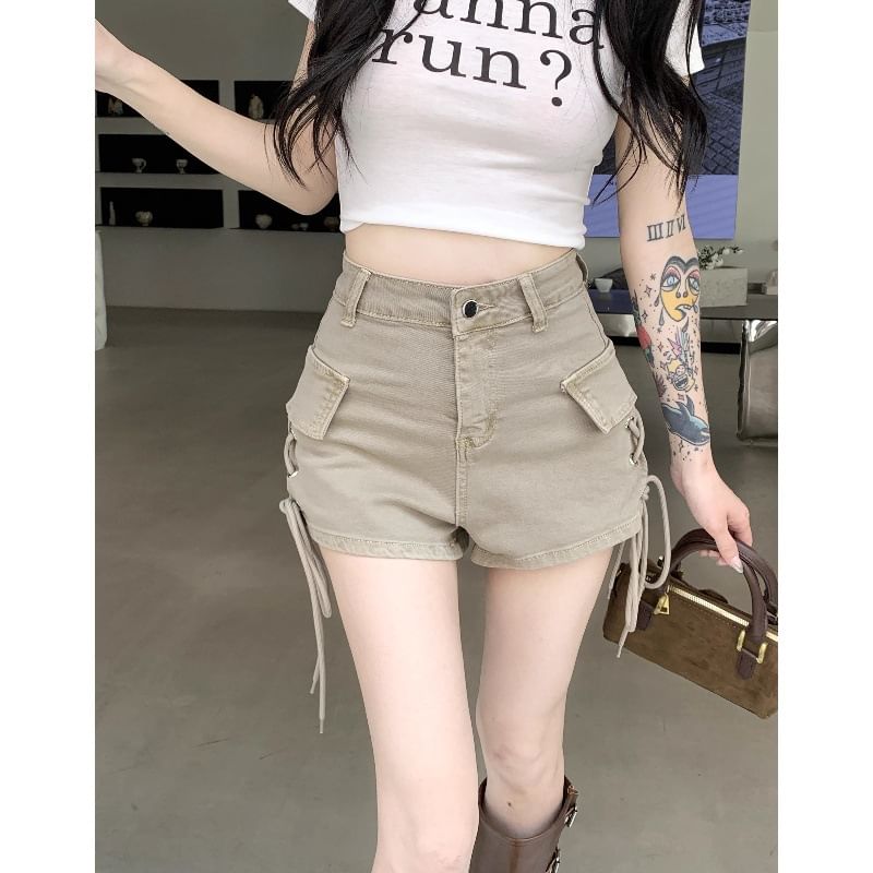 High Waist Washed Lace-Up Denim Cargo Hot Pants