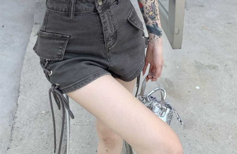 High Waist Washed Lace-Up Denim Cargo Hot Pants