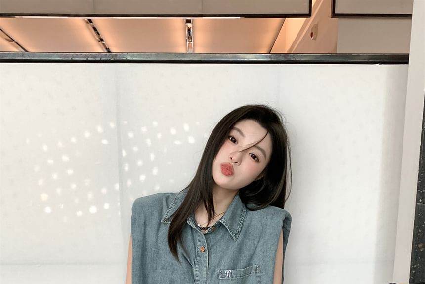 Sleeveless Collared Washed Ruched Shoulder Pad Denim Shirt / High Waist Denim Shorts