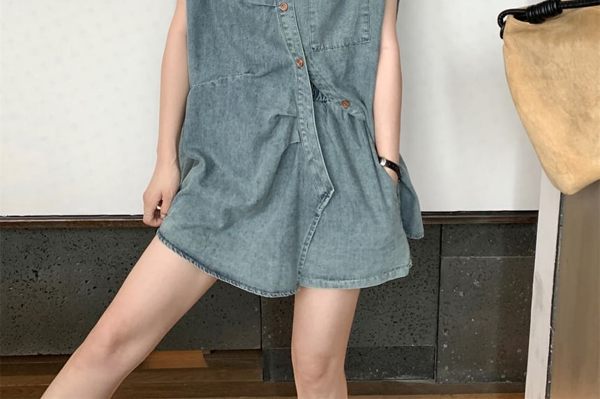Sleeveless Collared Washed Ruched Shoulder Pad Denim Shirt / High Waist Denim Shorts