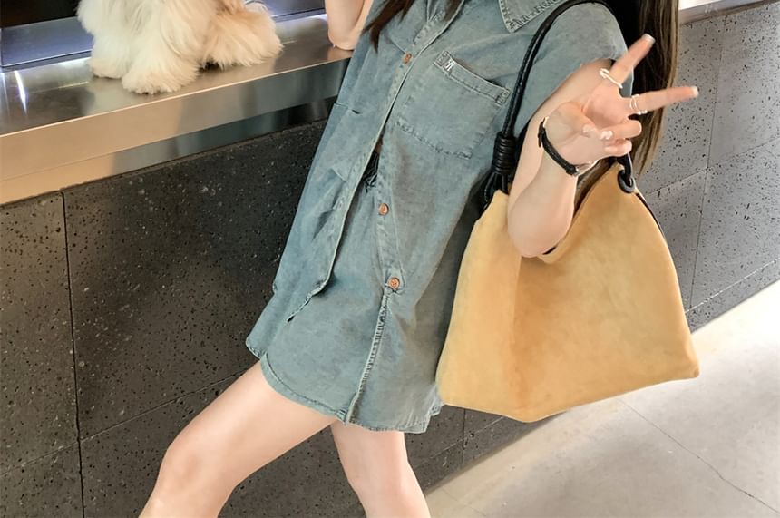 Sleeveless Collared Washed Ruched Shoulder Pad Denim Shirt / High Waist Denim Shorts