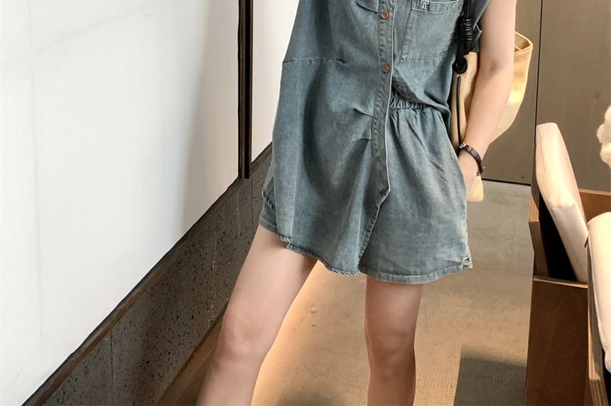 Sleeveless Collared Washed Ruched Shoulder Pad Denim Shirt / High Waist Denim Shorts