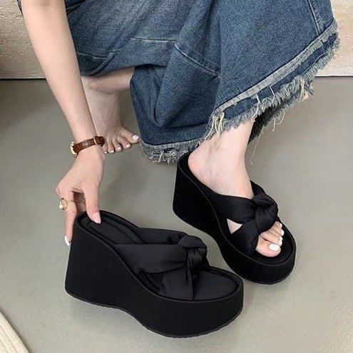 Platform Slide Sandals Heel Knot Wedge