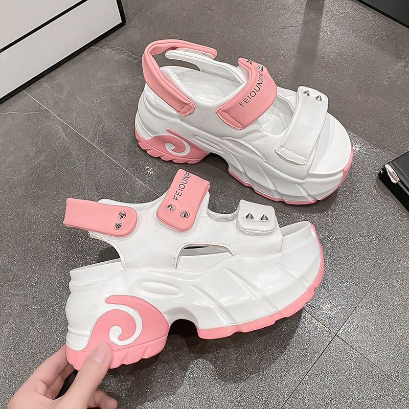 Strap Platform Two Adhesive Tone Sandals Slingback Studded