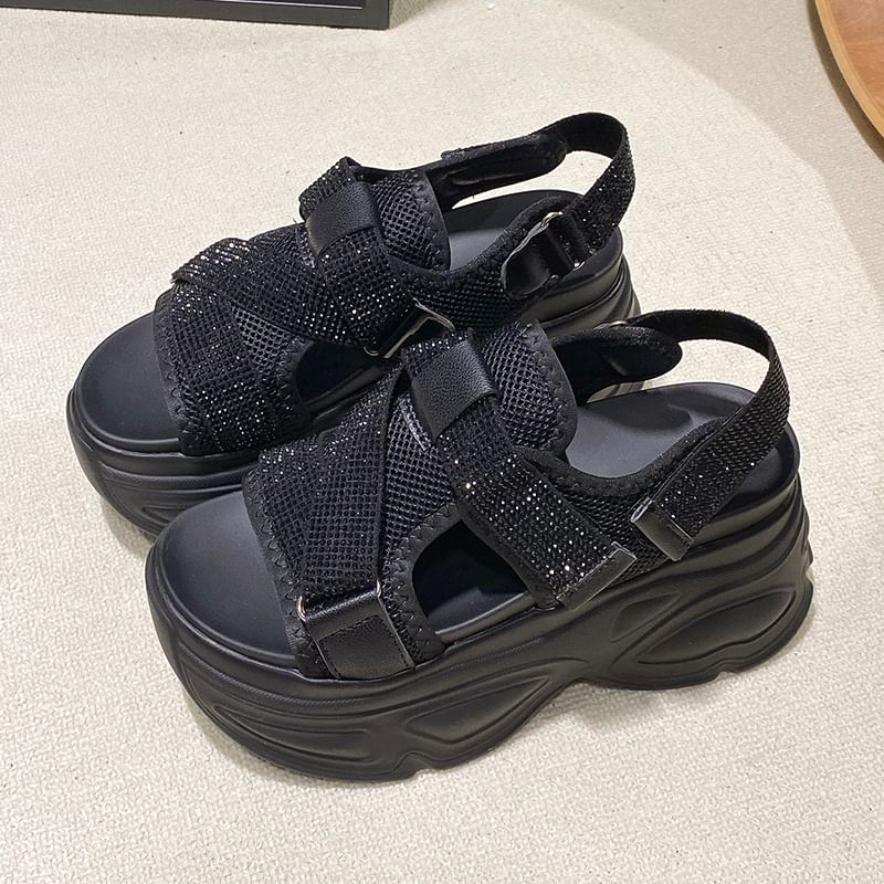 Strap Slingback Mesh Platform Sandals Rhinestone Adhesive