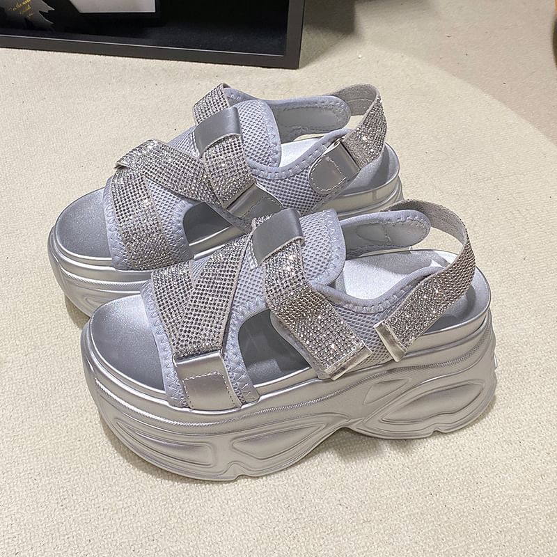 Strap Slingback Mesh Platform Sandals Rhinestone Adhesive