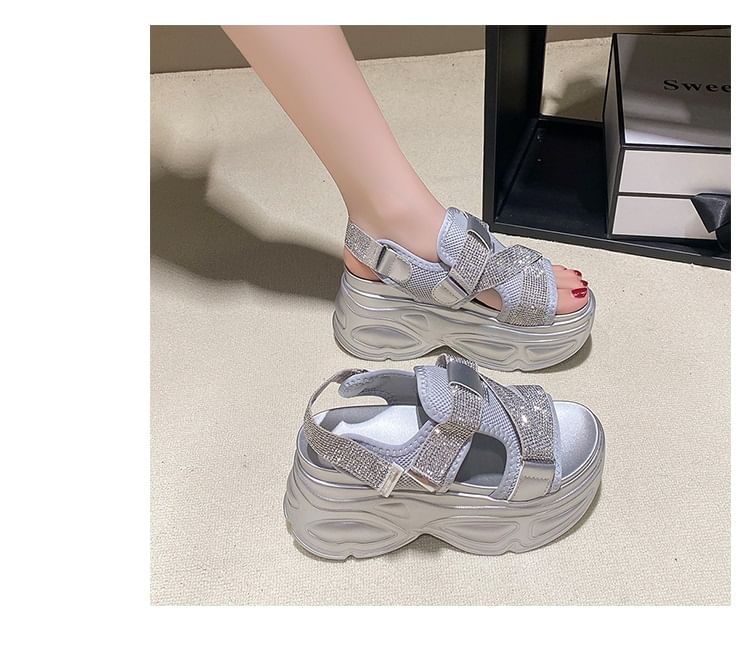 Strap Slingback Mesh Platform Sandals Rhinestone Adhesive