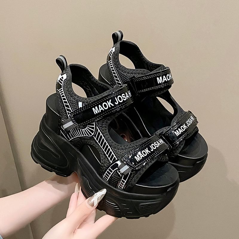 Adhesive Slingback Sandals Lettering Mesh Heel Wedge Strap Print