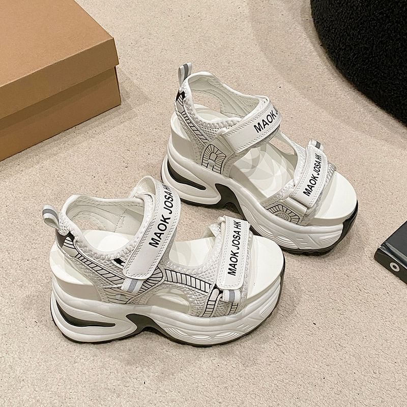 Adhesive Slingback Sandals Lettering Mesh Heel Wedge Strap Print