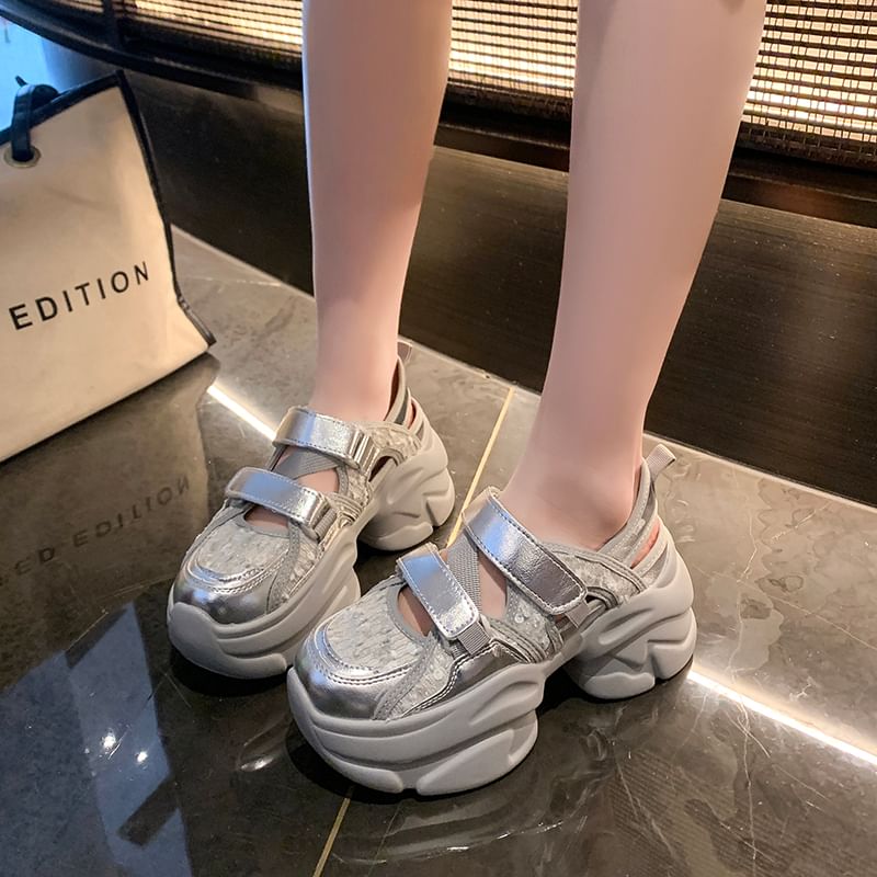 Adhesive Sequin Sneaker Sandals Strap Platform Mesh