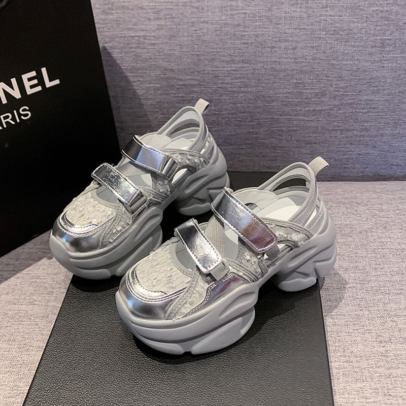 Adhesive Sequin Sneaker Sandals Strap Platform Mesh