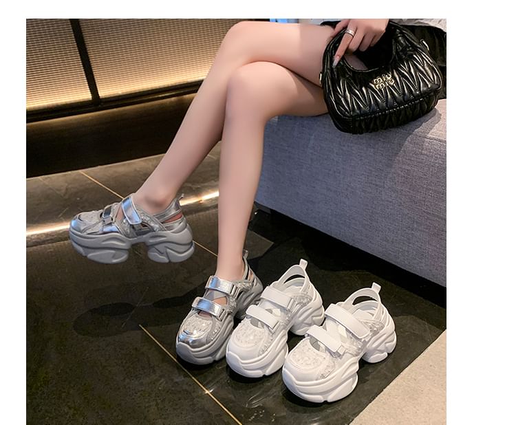 Adhesive Sequin Sneaker Sandals Strap Platform Mesh