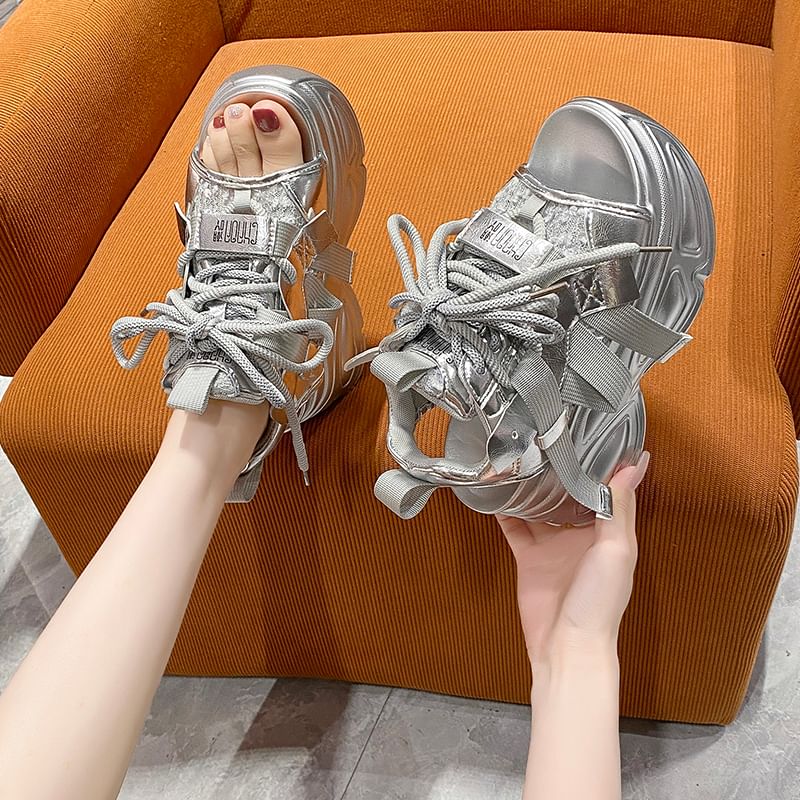 Sandals Lace-Up Sequin Slingback Platform