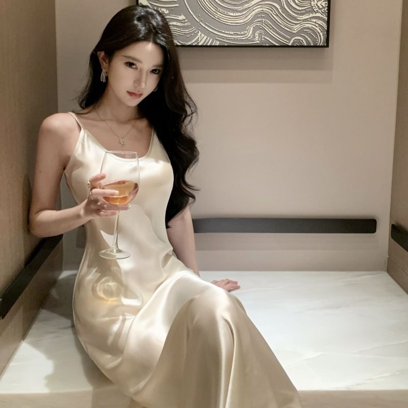 Backless Spaghetti Strap Silky Maxi Dress