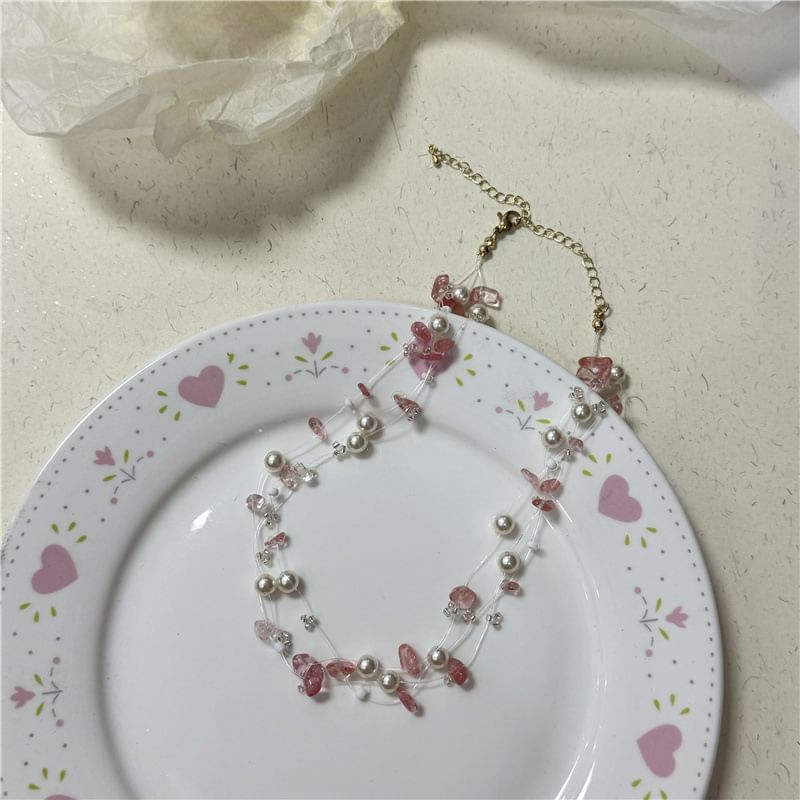 Faux Choker Crystal Pearl Layered