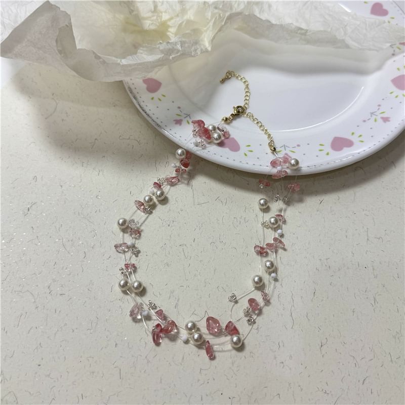 Faux Choker Crystal Pearl Layered