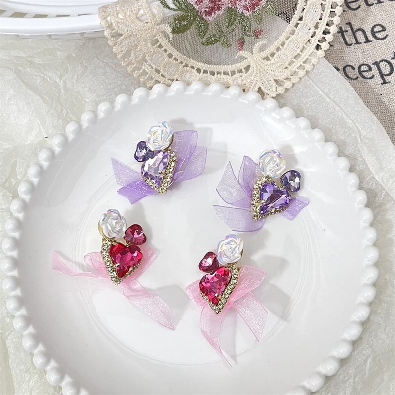Heart-Shaped Organza Rhinestone With Earrings Bow