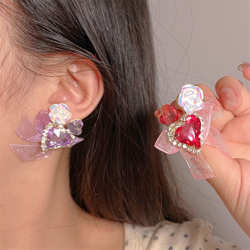 Heart-Shaped Organza Rhinestone With Earrings Bow