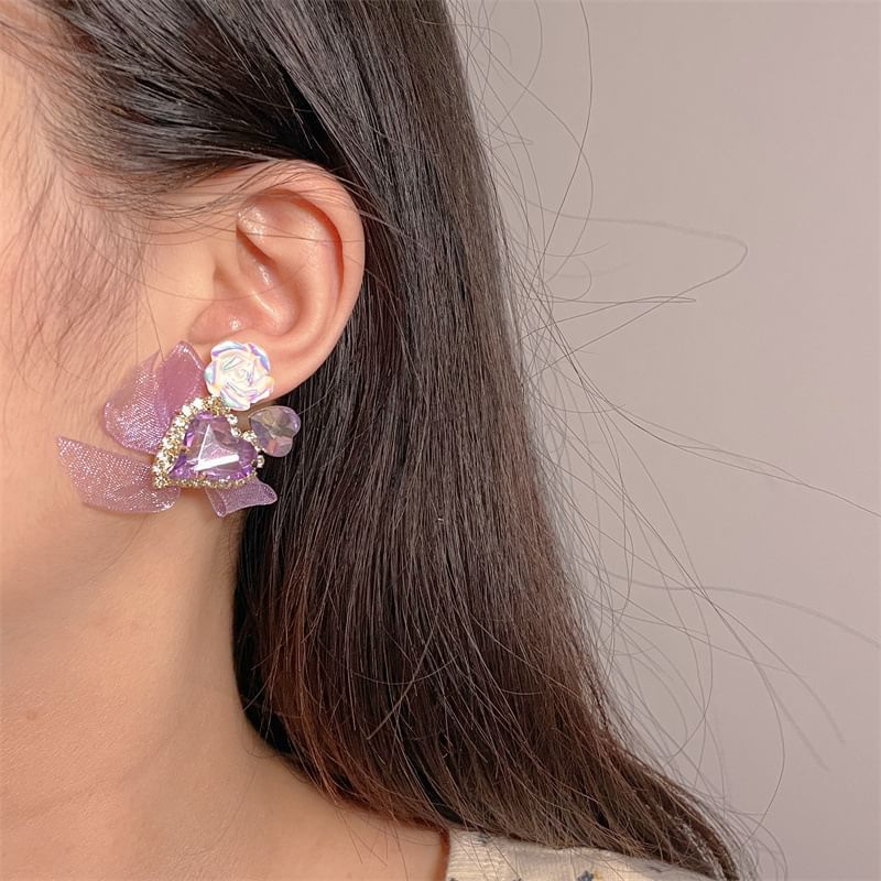Heart-Shaped Organza Rhinestone With Earrings Bow