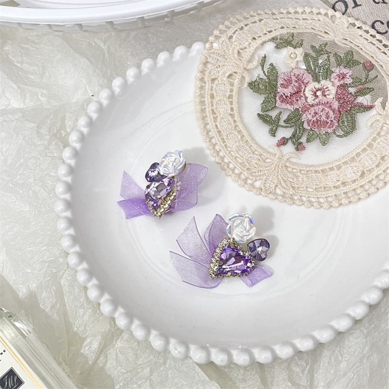 Heart-Shaped Organza Rhinestone With Earrings Bow