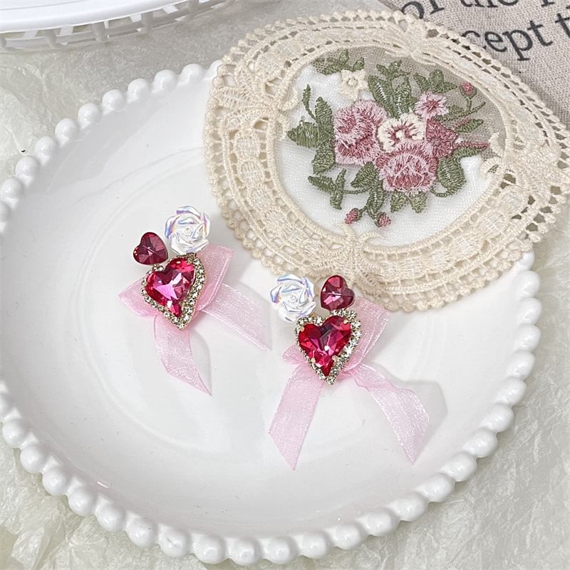 Heart-Shaped Organza Rhinestone With Earrings Bow