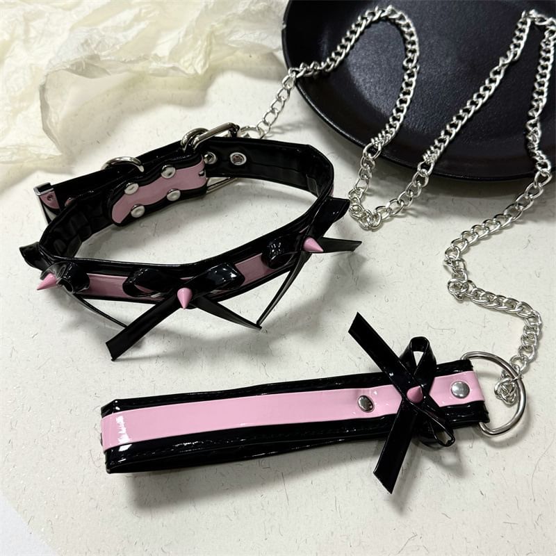 Bow Choker Leash Style Punk Leather With Chain Necklace Faux And