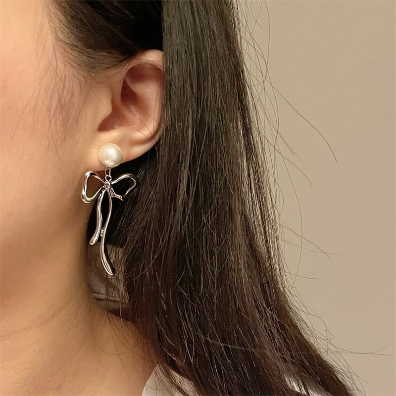 Bow Faux Pearl Alloy Drop Earring