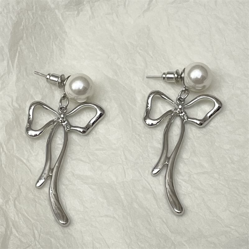 Bow Faux Pearl Alloy Drop Earring