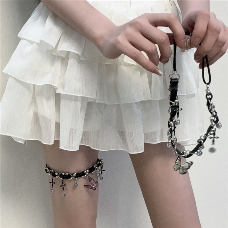 Crystal Butterfly Chain Thigh Faux Leather