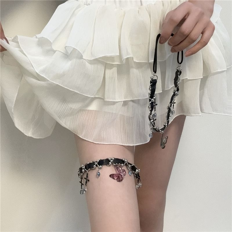 Crystal Butterfly Chain Thigh Faux Leather