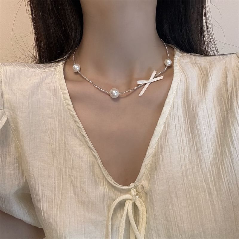 Faux Choker Alloy Pearl Ribbon