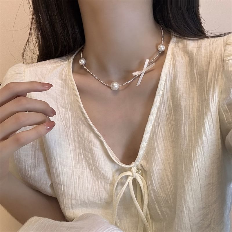 Faux Choker Alloy Pearl Ribbon
