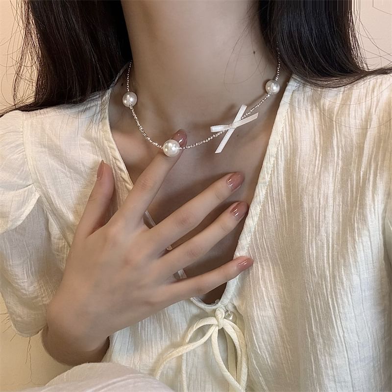 Faux Choker Alloy Pearl Ribbon