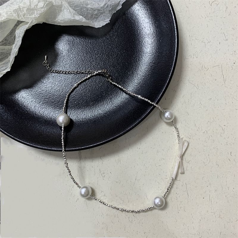 Faux Choker Alloy Pearl Ribbon