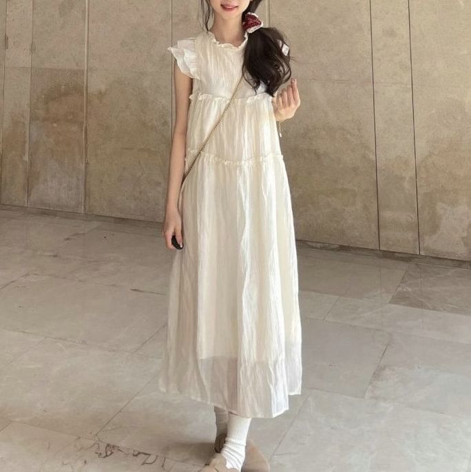 Plain Cap-Sleeve Midi A-Line Dress Sheer