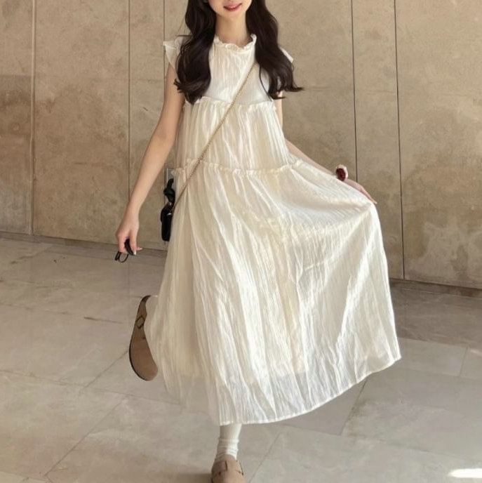 Plain Cap-Sleeve Midi A-Line Dress Sheer