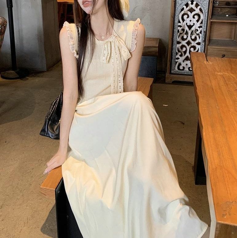 Midi A-Line Sleeveless Crewneck Plain Dress