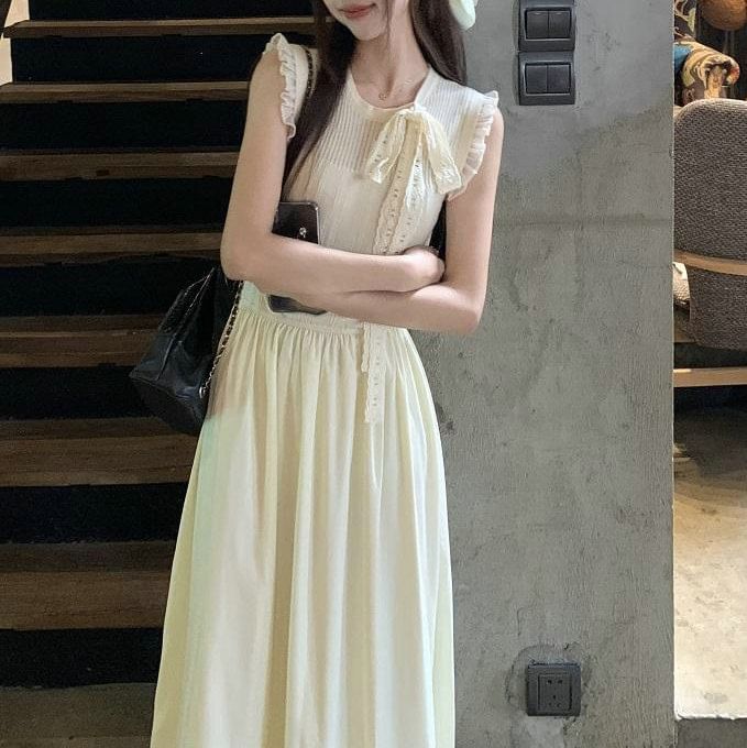 Midi A-Line Sleeveless Crewneck Plain Dress