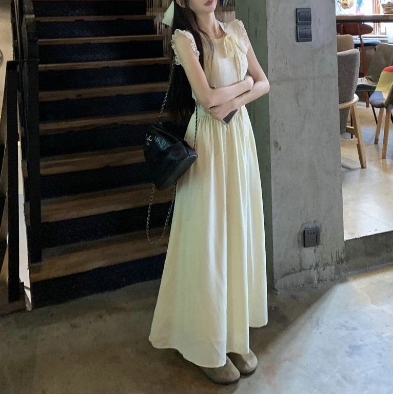 Midi A-Line Sleeveless Crewneck Plain Dress